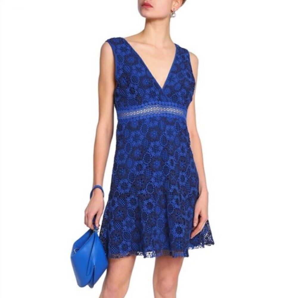 Sandro royal navy blue crochet lace floral cut out waist sleeveless mini dress